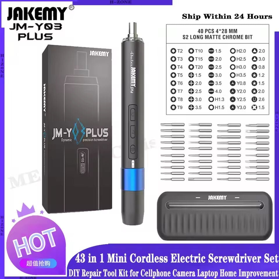 Jakemy JM-Y03+ 43'ü 1 Arada Şarjlı Elektrikli Hassas Tornavida Seti LED Işıklı Mıknatıslayıcı