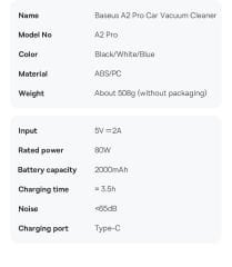 Baseus A2 Pro Şarjlı El Süpürgesi Taşınabilir 80W 6000PA Çift Kademeli Kablosuz Süpürge