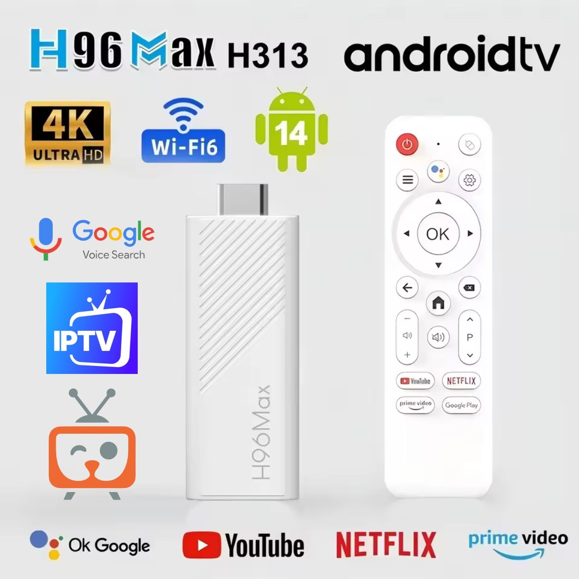H96Max H313 Mini 4K Tv Stick Android 14 Akıllı Tv Kutusu 2GB+16GB Wifi 6 Google Sesli Komut Netflix Bluetooth Kumanda