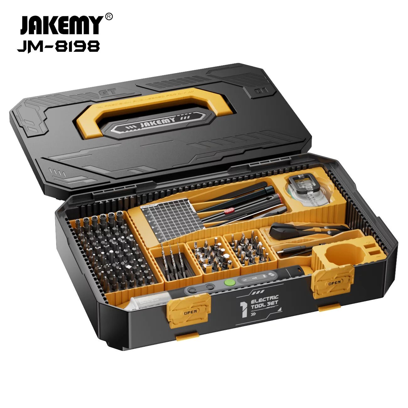 Jakemy JM-8198: 135 Parça Çok Amaçlı Şarjlı Tornavida Profesyonel Elektrikli Takım Kutusu 4 Kademeli Hassas Yüksek Tork 117 Uç