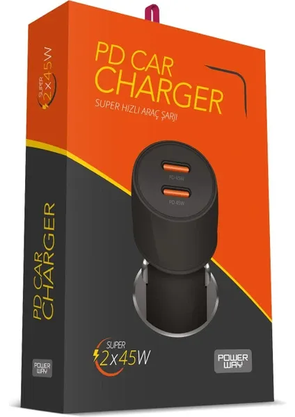 Powerway 45 W PD Ultra Hızlı 2x Type-C Girişli Araç İçi Çakmaklık Şarj Adaptörü, CC45 Araç Şarj Başlığı