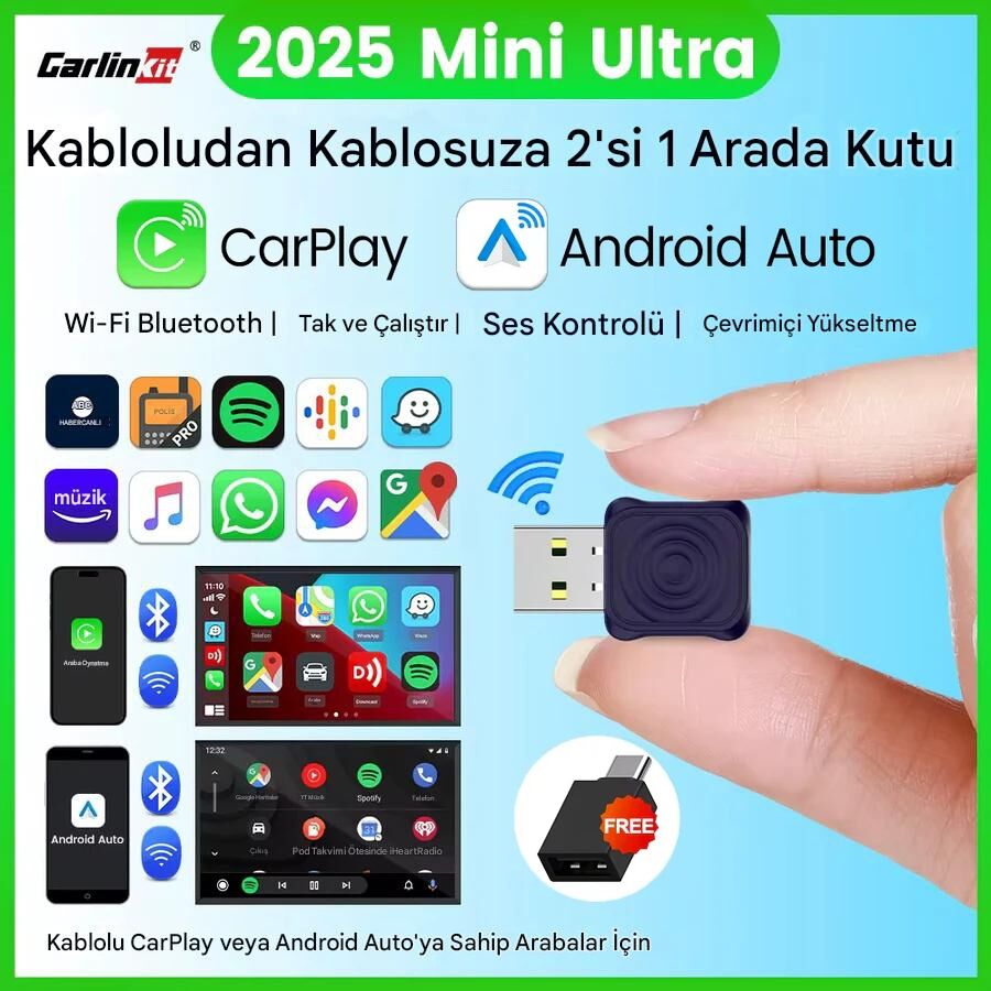 Carlinkit Mini Ultra 5.0 Kablosuz CarPlay & Android Auto Adaptör Tak Çalıştır Dual WiFi Hızlı Bağlantı