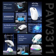 Attack Shark X11 Superlıght 22000 Dpı PAW3311 Şarj Istasyonuna Sahip Kablosuz Oyuncu Faresi