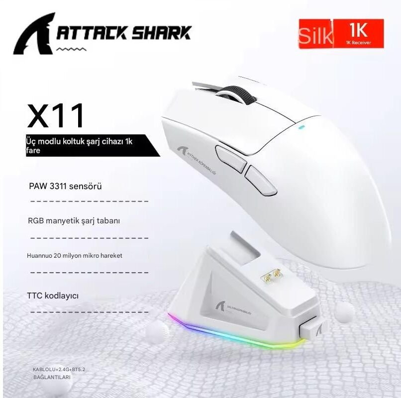 Attack Shark X11 Superlıght 22000 Dpı PAW3311 Şarj Istasyonuna Sahip Kablosuz Oyuncu Faresi