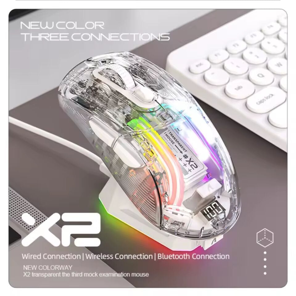 Attack Shark X2 Pro Kablosuz Şeffaf Gaming Mouse, Şarj Istasyonlu, Sessiz Bluetooth Oyuncu Mouse, 3 Modlu (Bt5.0/2.4g/kablolu) Ergonomik Rgb Mouse 4000 Dpı, Pixart PAW3212, Pc/mac
