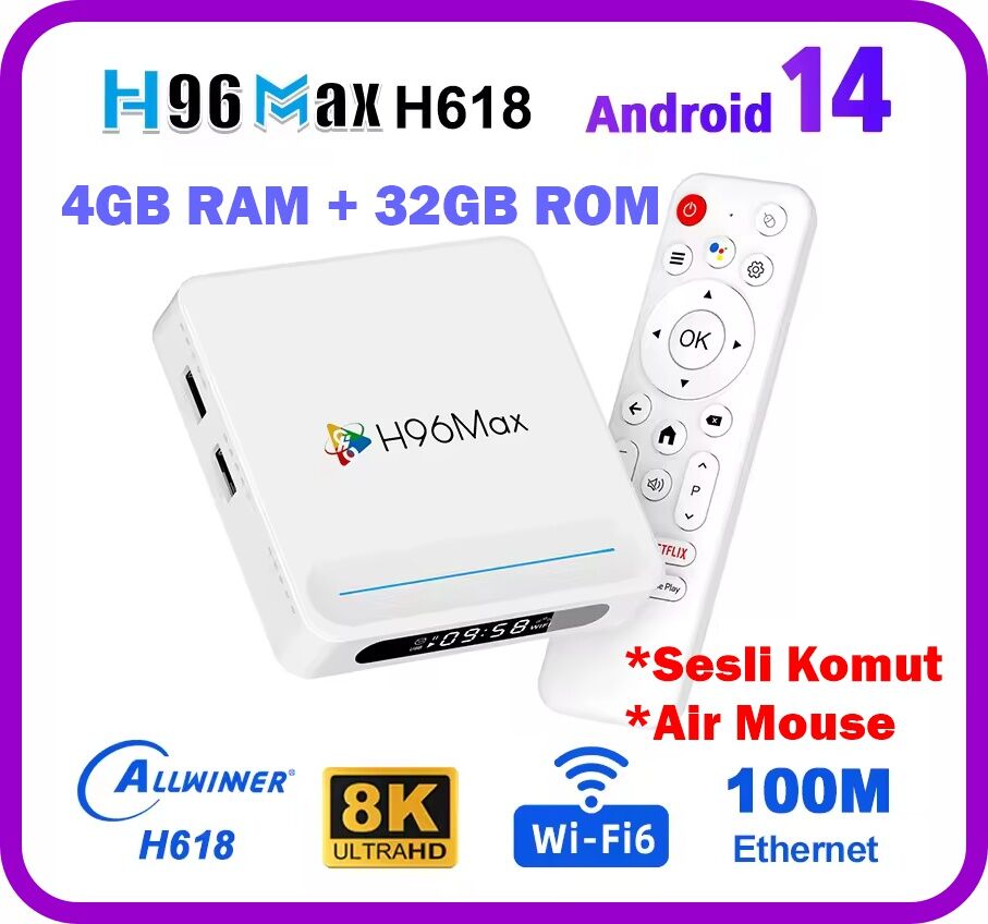H96Max H618 Plus 8K Android 14.0 TV Box 4GB+32GB Medya Oynatıcı Air Mouse WiFi6 BT 5.4 Ethernet Sesli Komut