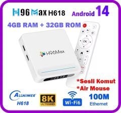 H96Max H618 Plus 8K Android 14.0 TV Box 4GB+32GB Medya Oynatıcı Air Mouse WiFi6 BT 5.4 Ethernet Sesli Komut