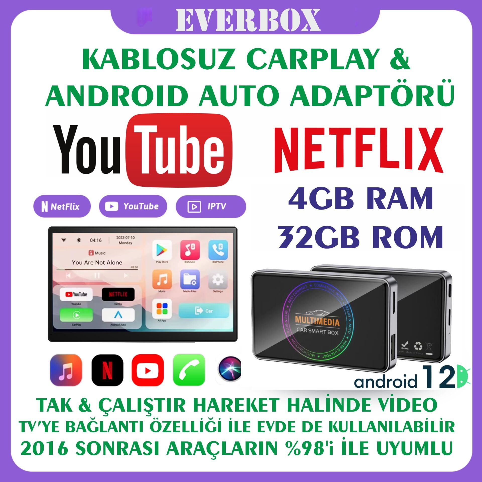 MAYPAL Y3 CarPlay & Android Auto Box 4GB+32GB Youtube Hareket Halinde Video, WiFi6, Dahili GPS, TV Bağlantı
