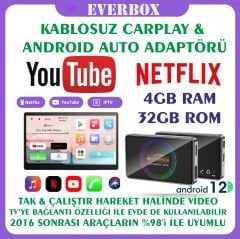 EverBox Y2 CarPlay & Android Auto Box 4GB+32GB Youtube Hareket Halinde Video, WiFi6, Dahili GPS, TV Bağlantı