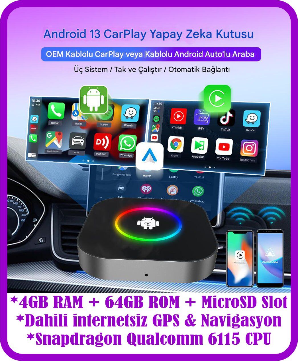 Tbox S2 4gb Ram + 64G Rom Android 13.0 Carplay & Android Auto Youtube Netflix Google Playstore Dahili Gps Snapdragon Cpu SM6115