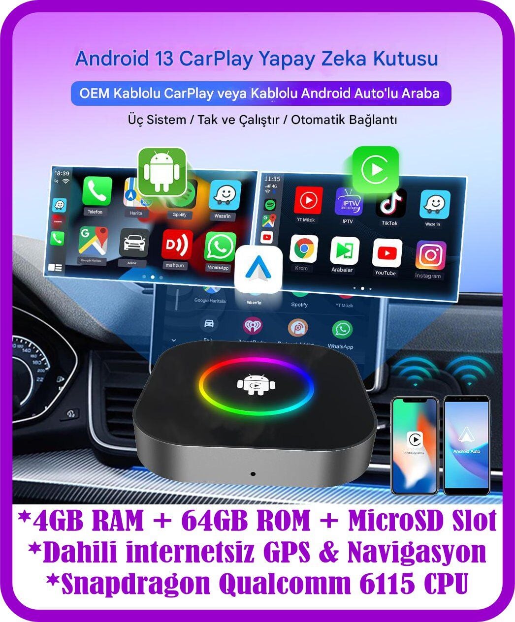 Tbox S2 4gb Ram + 64G Rom Android 13.0 Carplay & Android Auto Youtube Netflix Google Playstore Dahili Gps Snapdragon Cpu SM6115