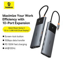 Baseus Metal Gleam II 10-in-1 USB-C Hub - 4K 120Hz Dual HDMI, 100W PD, 10Gbps Veri, Gigabit Ethernet
