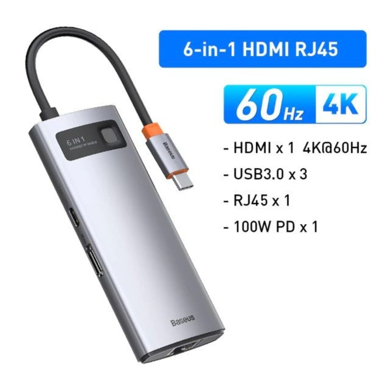 Baseus Gleam 6in1 Type-C Hub HDMI 4K 60Hz Görüntü Aktarıcı USB 3.0 PD 100W Şarj WKWG080013
