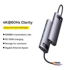 Baseus Gleam 6in1 Type-C Hub HDMI 4K 60Hz Görüntü Aktarıcı USB 3.0 PD 100W Şarj WKWG080013